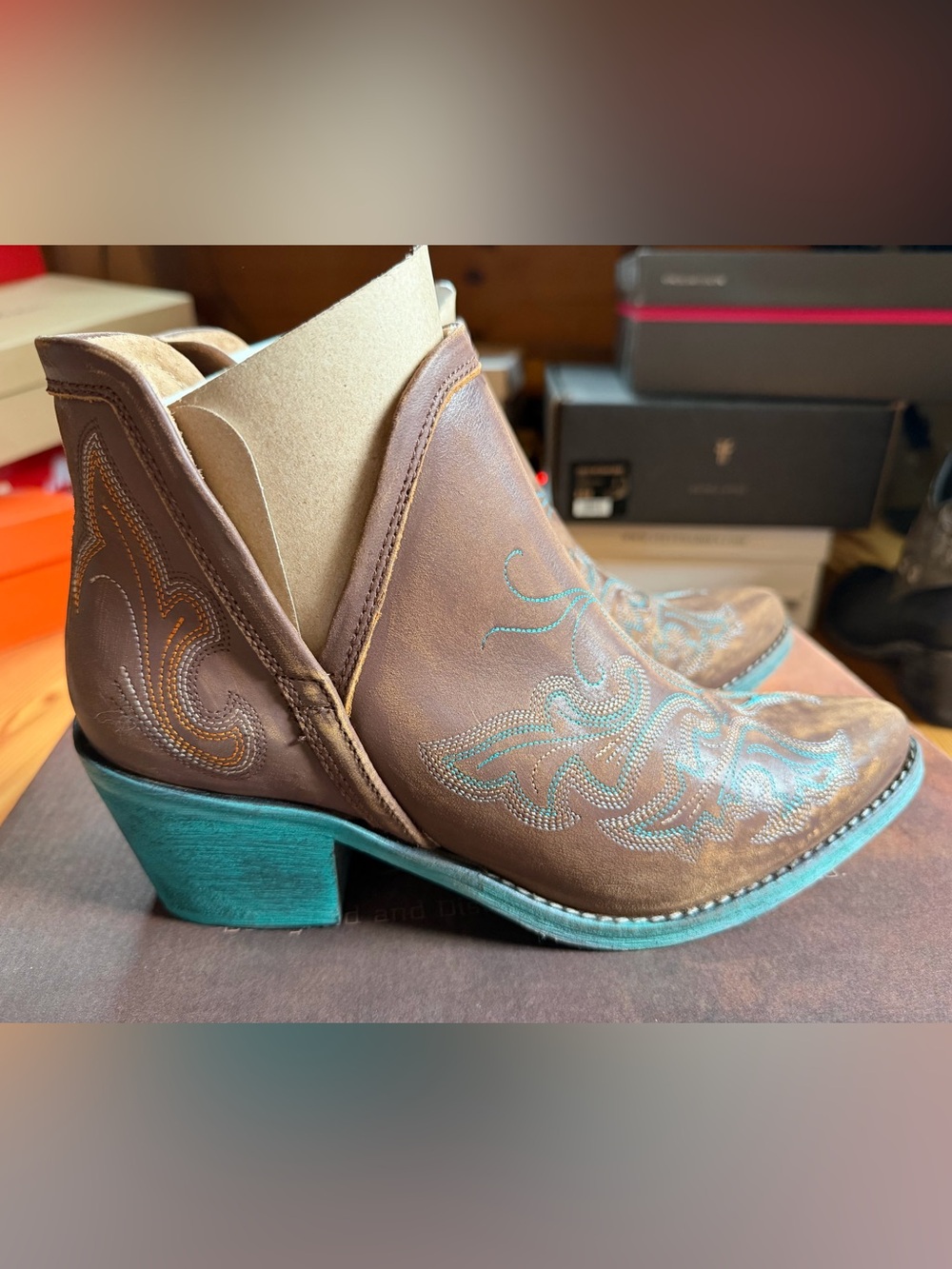 Circle G Brown Leather Ankle Booties with Turquoise Stitching and Heel